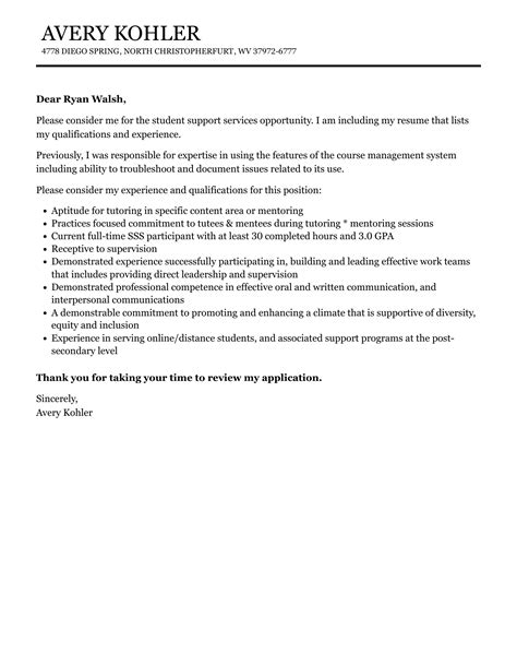 Student Support Services Cover Letter Velvet Jobs