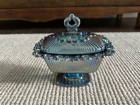 Vintage Blue Carnival Glass Candy Dish With Lid Indiana Glass Circa