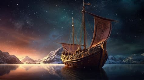 Premium AI Image | Viking ship sails among the stars with majestic