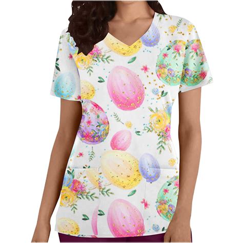 Jsaierl Scrubs For Women Womens Easter Scrub Tops Cute Bunny Eggs