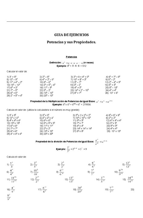 Potencias Y Sus Propiedades Guia De Ejercicios Potencias Y Sus