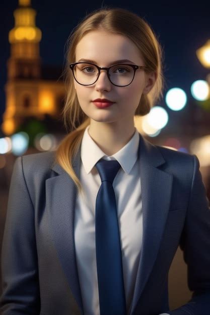 Premium Photo A Beautiful European Lady In Suit And Glasses Is Standing On The Street At Night