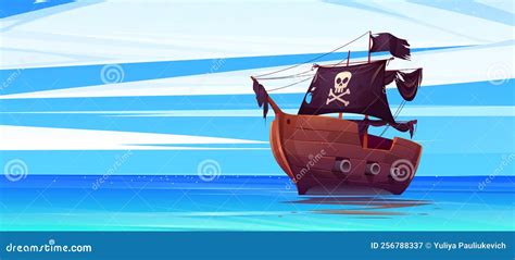 Pirate Ship with Black Flag and and Jolly Roger Stock Vector - Illustration of transportation ...