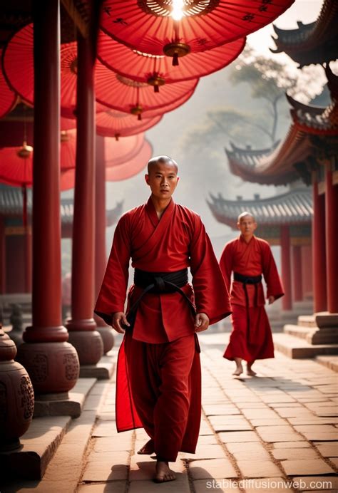 Shaolin Monks Amid Red Sun | Stable Diffusion Online