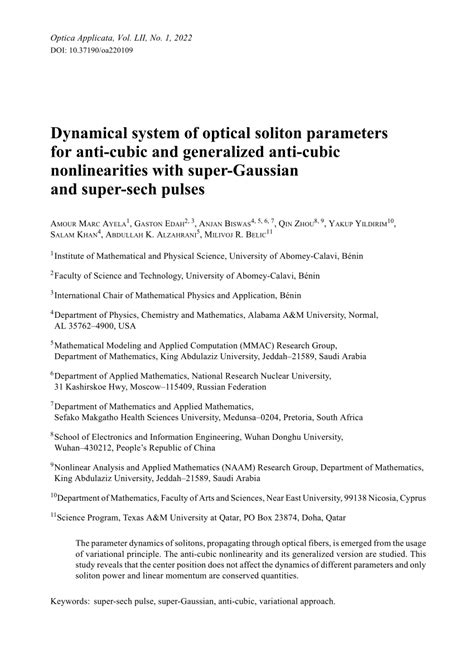 PDF Dynamical System Of Optical Soliton Parameters For Anti Cubic And