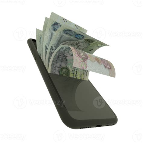 D Rendering Of United Arab Emirates Dirham Notes Inside A Mobile Phone