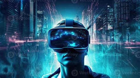 Metaverse And Virtual Reality Network Concept Using VR Headset On City