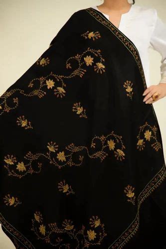 Black Womens Hand Embroidered Pure Wool Warm And Thick Kashmiri Shawl