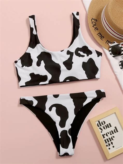 Womens One Piece Cow Print Pattern High Cut Bodysuit Swimsuit Bikini