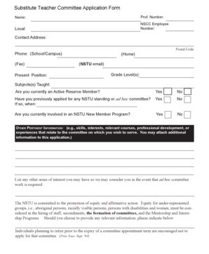 Fillable Online Substitute Teacher Committee Application Form Fax Email