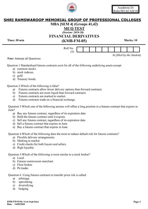 Mcq Test Kmb Fm Mcq Questions Shri Ramswaroop Memorial Group Of