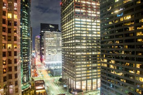 Elevated View of Downtown Houston at Night Stock Photo - Image of ...