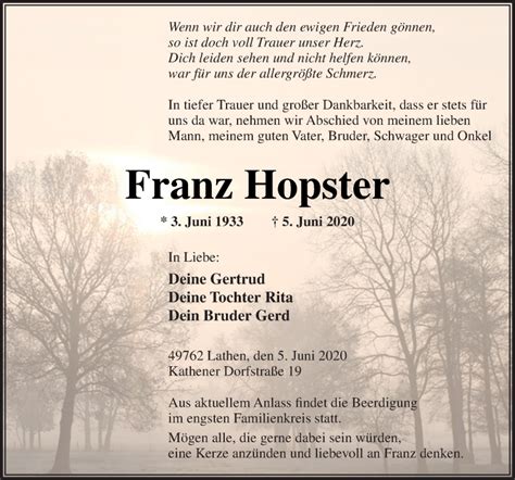 Traueranzeigen Von Franz Hopster Noz Trauerportal