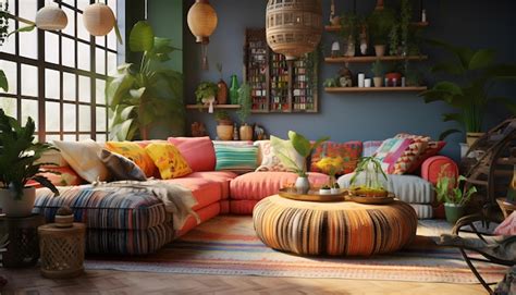 Premium AI Image | a bohemian inspired living room with a colorful sofa ...