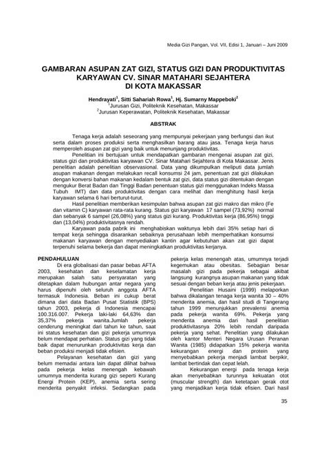 Pdf Gambaran Asupan Zat Gizi Status Gizi Dan Produktivitas