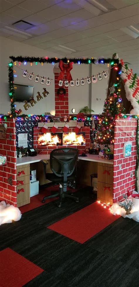 An Office Decorated For Christmas With Lights And Decorations On The