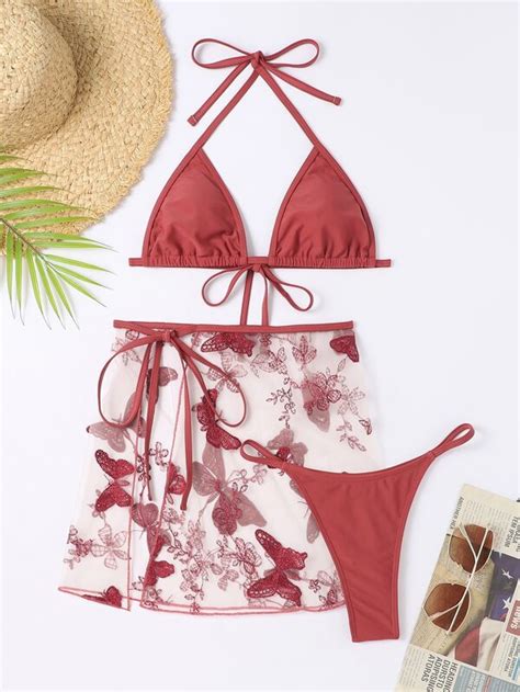 Conjunto De Bikini De Malla Con Bordado De Flores Y Mariposas