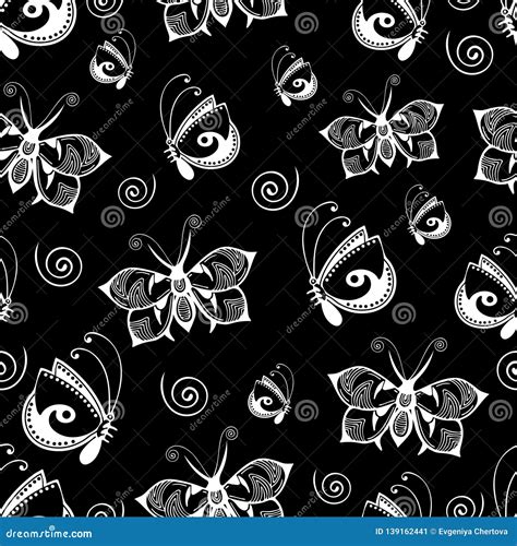 Abstract Butterflies Seamless Pattern Black And White Hand Drawing