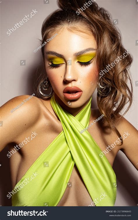 Hot Brunette Model Green Top Wearing Stock Photo 2173996643 Shutterstock