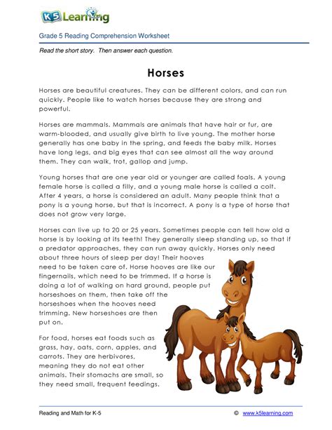 5th Grade 5 Horses Reading Materials Read The Short Story Then