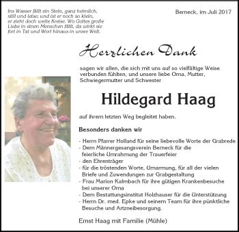 Traueranzeigen von Hildegard Haag Schwarzwälder Bote Trauer