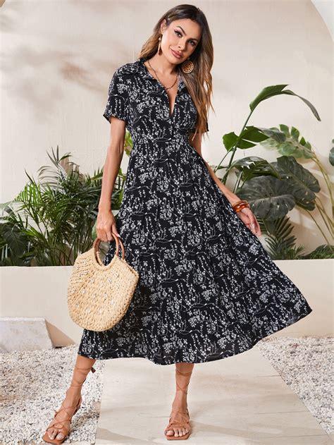 SHEIN VCAY Vestido Camisero Con Estampado Floral Bajo Con Fruncido