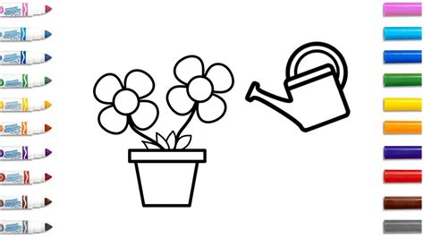 How To Draw And Color Flowers And A Watering Can