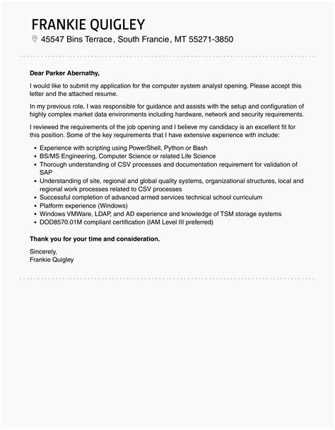 Computer System Analyst Cover Letter Velvet Jobs