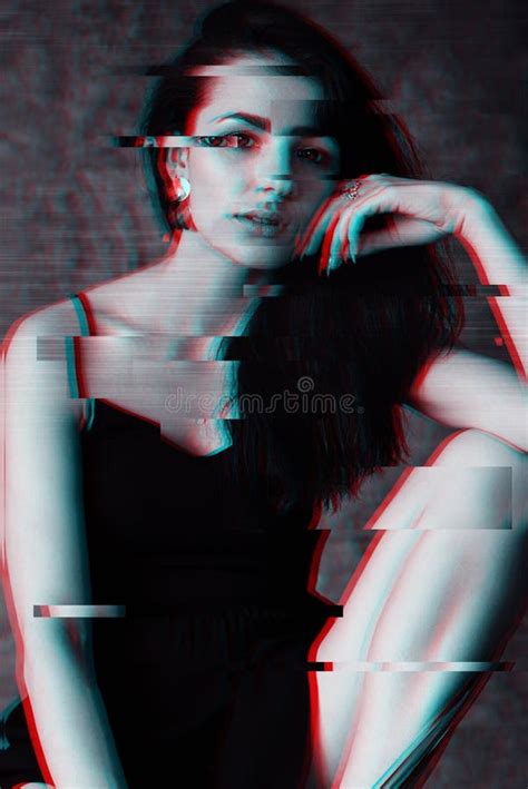 Black And White Portrait Of A Girl With A Glitch Effect Stock Photo