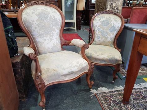 Lot Pair Of Victorian Grandmother Grandfather Chairs