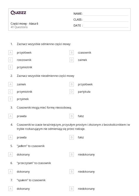 Ponad 50 Części mowy arkuszy roboczych dla Klasa 7 w Quizizz Darmowe