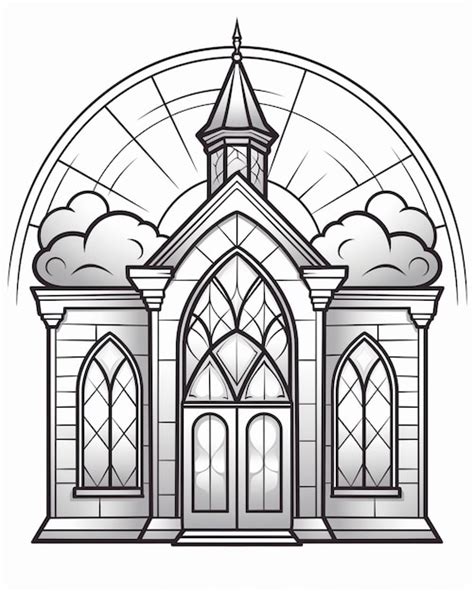 Un Dibujo En Blanco Y Negro De Una Iglesia Con Un Campanario Ai