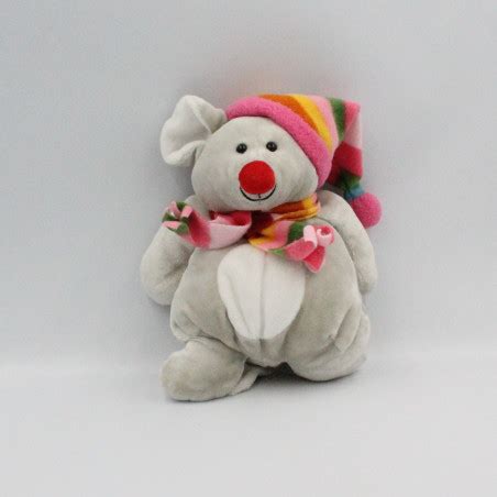 Doudou souris grise bonnet écharpe rose jaune vert NICOTOY