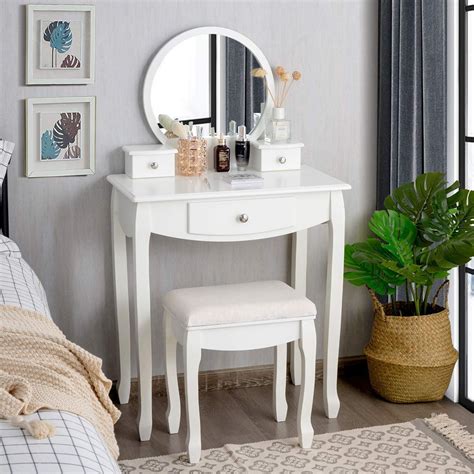 Ithaca Circular Mirror Wooden Dressing Table With Drawer Storage