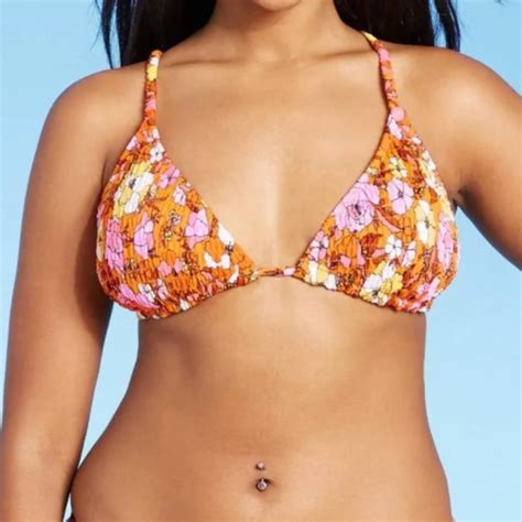 Xhilaration Swim Retro Smocked Pink And Orange Floral Bikini Set