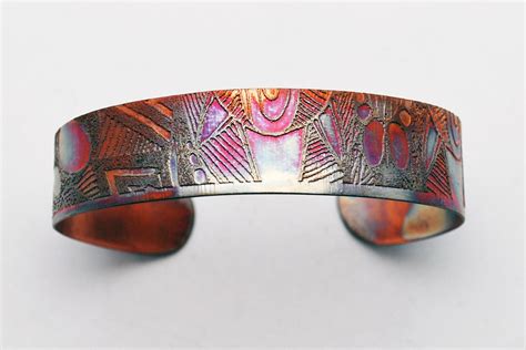 Etched Copper Cuff Bracelet Pattern Design Slim Size Etsy