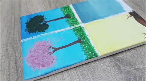 4 Seasons Tree Drawing Landscape Acrylic Painting On Mini Canvas