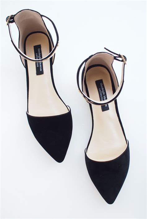 Premium Black Pointy Metal Plate Ankle Strap Suede Leather Flats