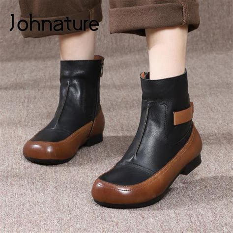 Johnature Genuine Leather Plush Winter Boots Women Shoes Zip Round Toe