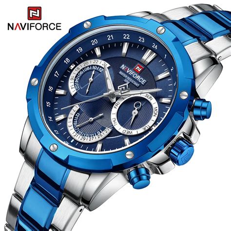 Naviforce relógio de pulso multifuncional masculino aço inoxidável