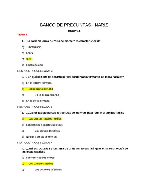 Banco De Preguntas De Nariz Ex Menes De Otorrinolaringolog A Docsity