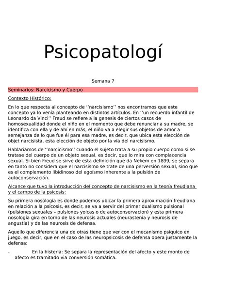 Resumen Apuntes Psicopato Semana 7 Seminarios Narcicismo Y Cuerpo