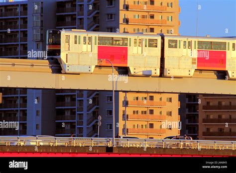 Tama Monorail traveling over Tappi Bashi Bridge on Tama River Tachikawa ...