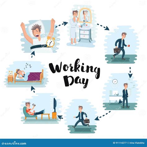 Vector Cartoon Illustration Of Man Working Day In Office ...