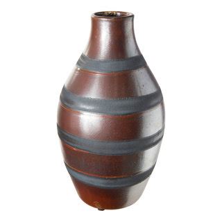 Round Ceramic Bellied Vase With Striped Banded Design Gloss Brown