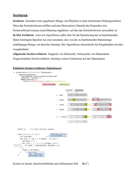 Au D Sortierung Zusammenfassung Algorithmen Und Datenstrukturen