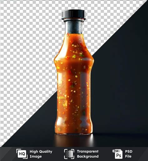 Premium PSD Transparent Psd Picture Hot Sauce Bottle On Black Table With Shiny Reflection