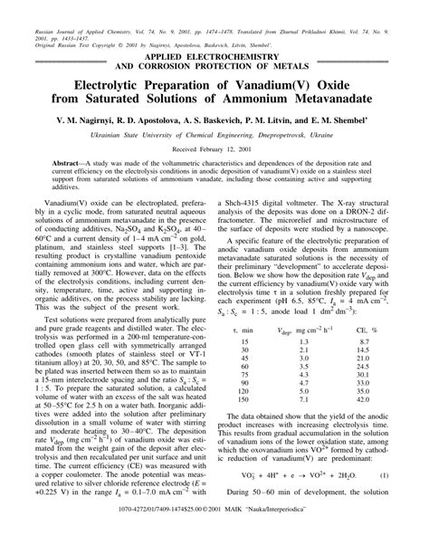 Pdf Electrolytic Preparation Of Vanadium V Oxide From Saturated