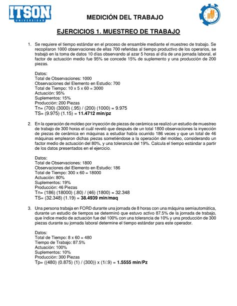 Ejercicios De Muestra Parte 1 MediciÓn Del Trabajo Ejercicios 1 Muestreo De Trabajo Se