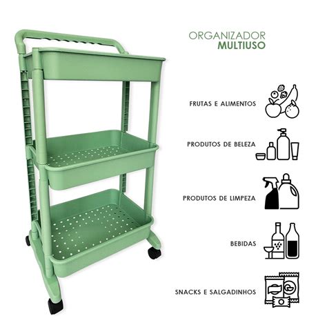 Carrinho Organizador Multiuso 3 Prateleiras E Rodas Verde Wincy